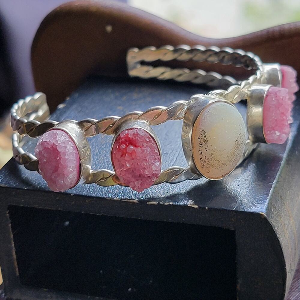 Sterling Silver Pink Druzy and Jasper Cuff Bracelet Handmade